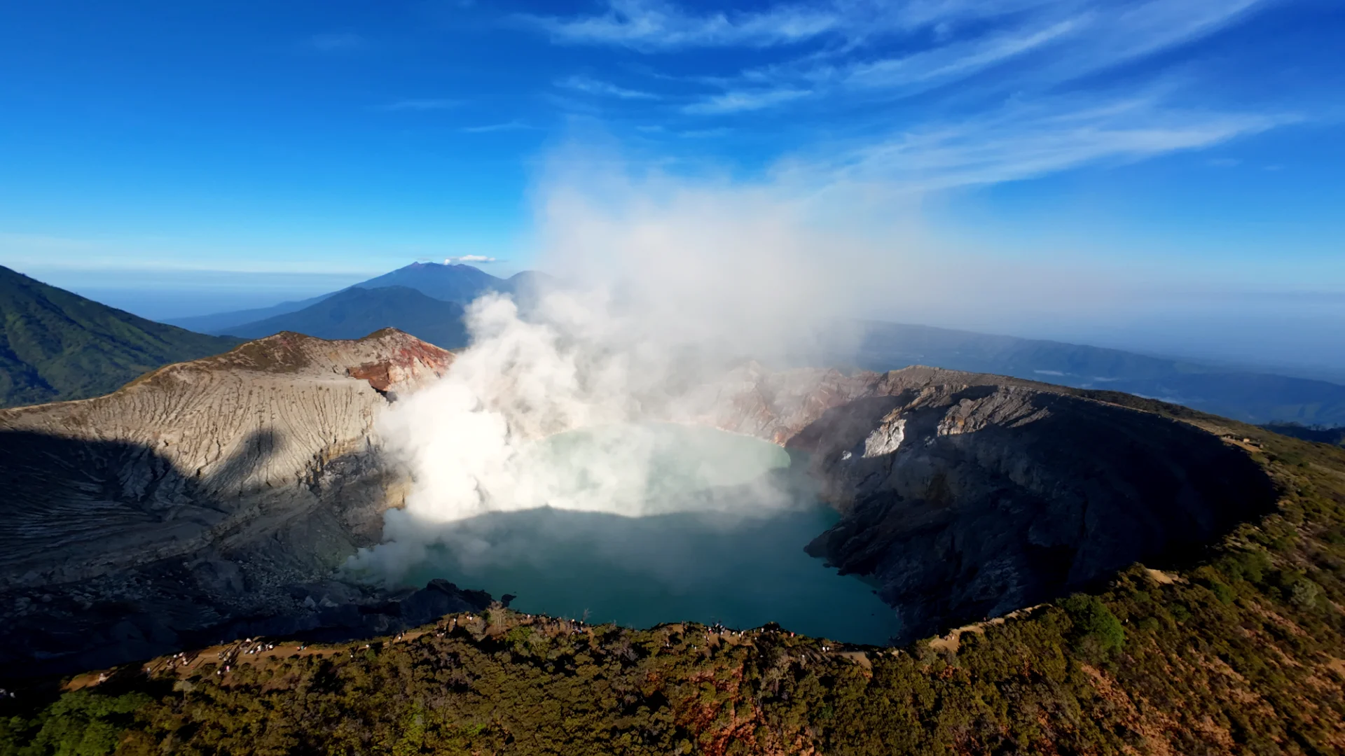 Aerial view of the winding path leading to the Ijen volcano rim