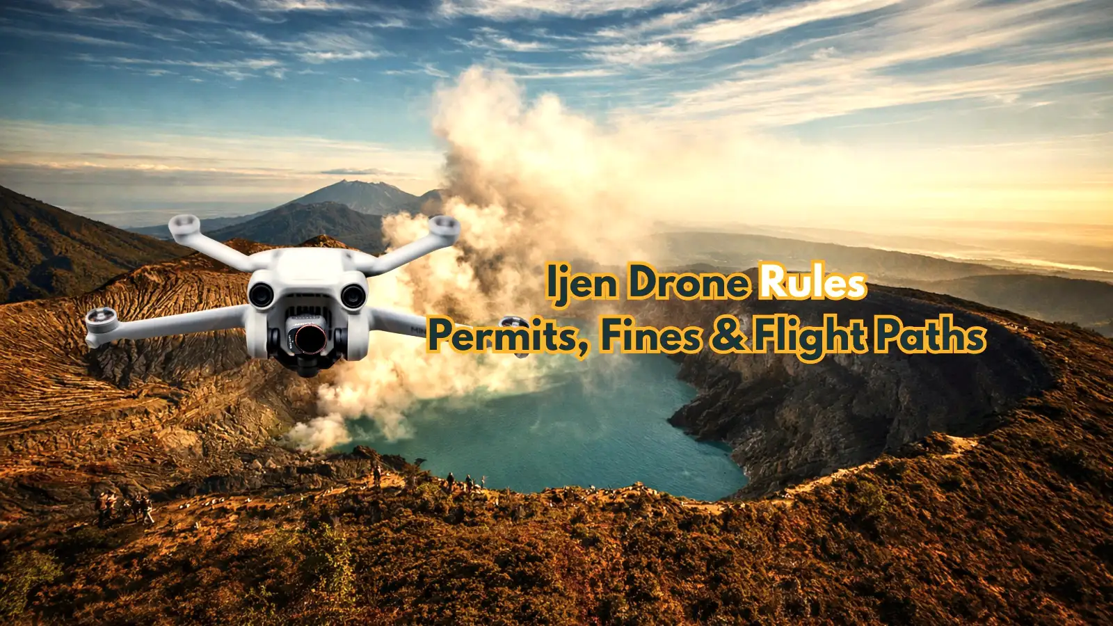 Drone pilot preparing to launch a drone near the Ijen crater rim with sulfur clouds