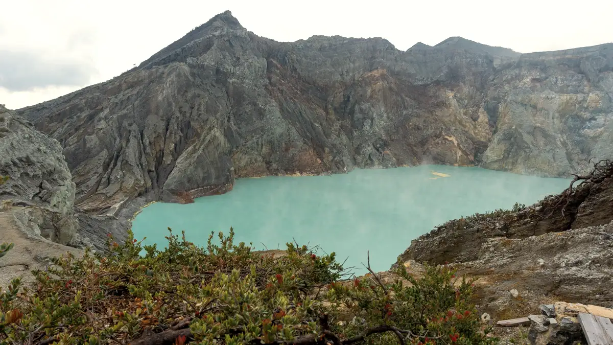 Gas vents at the bottom of Ijen Crater with sulfur deposits